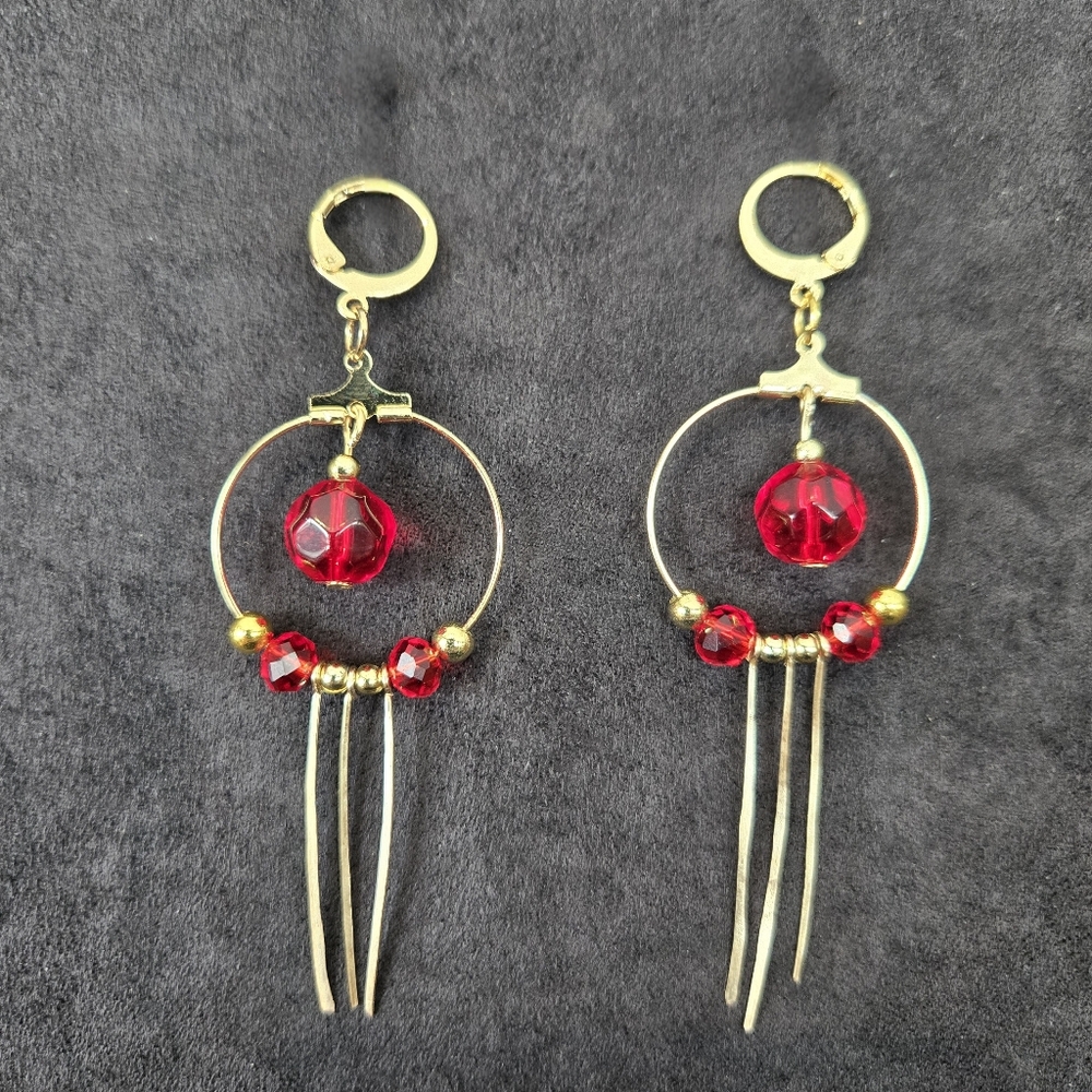 Handmade Golden Hoop Earrings With Ruby-red Bead Accents Hypoallergenic